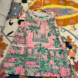 Lilly Pulitzer Pink and Green Tropical Dress with White Lace